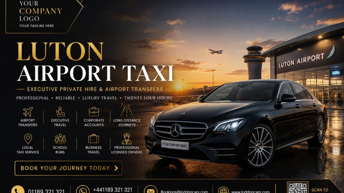 Loddon Cars Luton Airport taxi outside the passenger terminal