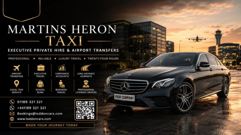 Luxury black executive taxi providing Martins Heron Taxi service by Loddon Cars