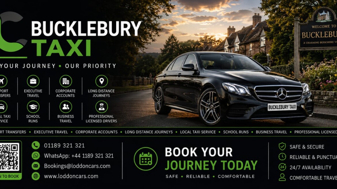 Bucklebury Taxi promotional banner: a black Mercedes sedan beside a village welcome sign with the Bucklebury Taxi logo and service icons.