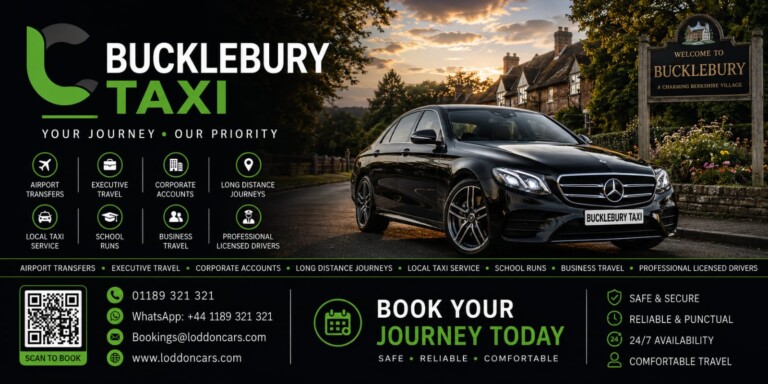 Bucklebury Taxi promotional banner: a black Mercedes sedan beside a village welcome sign with the Bucklebury Taxi logo and service icons.