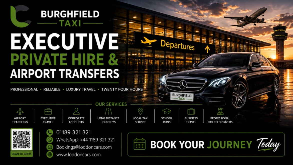 Luxury black executive taxi arriving in Burghfield village with Berkshire countryside background