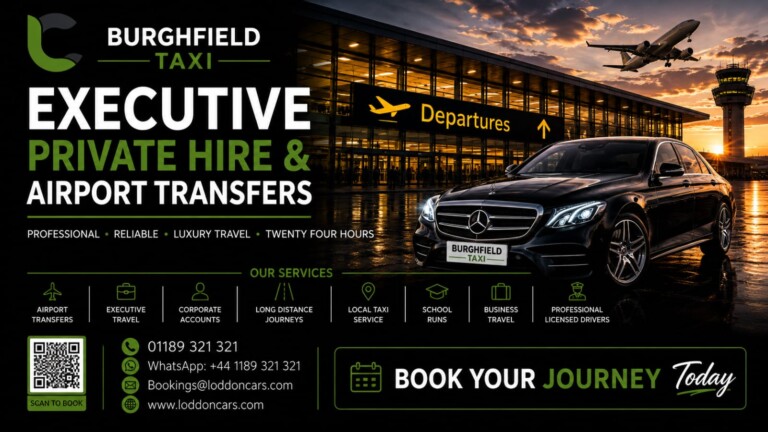 Luxury black executive taxi arriving in Burghfield village with Berkshire countryside background