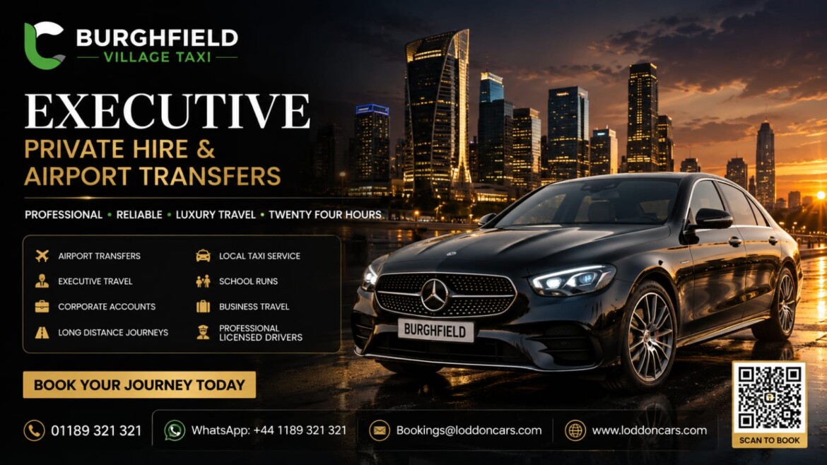 Luxury Loddon Cars vehicle arriving in Burghfield Village with traditional Berkshire village background