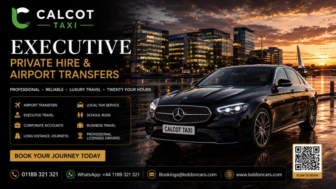 Luxury Loddon Cars vehicle arriving in Calcot Berkshire with modern village surroundings