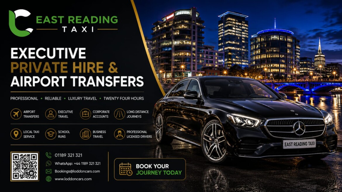 Advertising banner for East Reading Taxi showing a black Mercedes in a city at night with 'Executive Private Hire & Airport Transfers' text and QR code.