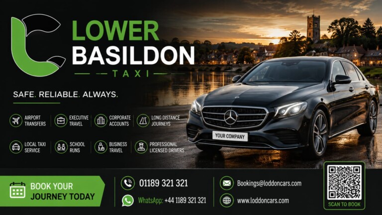Lower Basildon Taxi ad: black Mercedes by a riverside at sunset, with logo and a booking QR code.