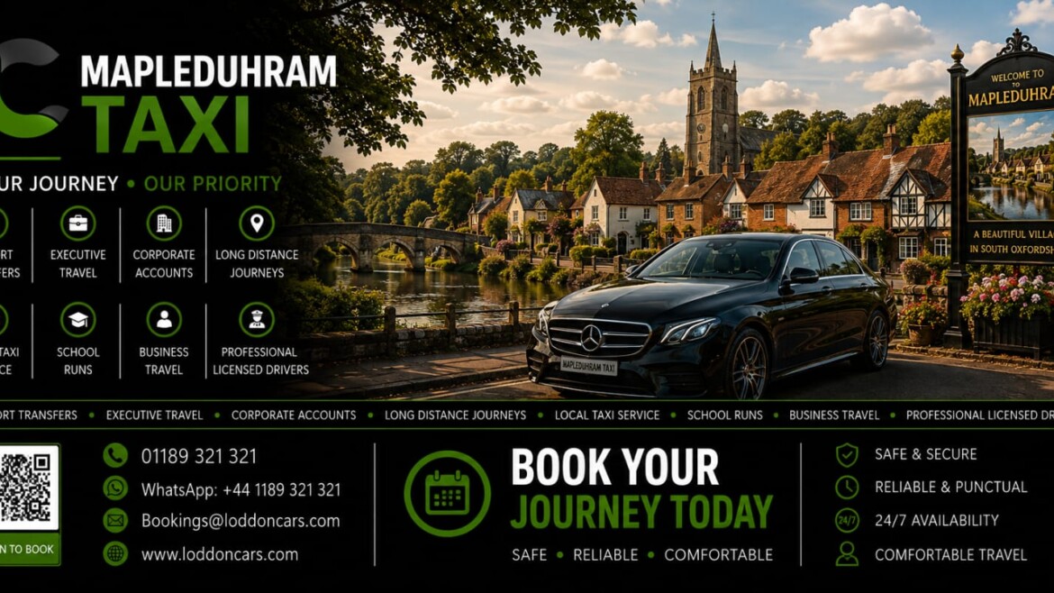 Mapleduhram Taxi banner featuring a black-green theme, a Mercedes parked by a scenic English village and a welcome sign.