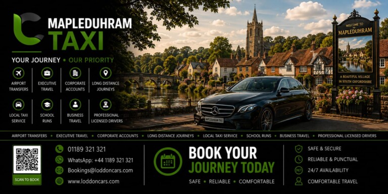 Mapleduhram Taxi banner featuring a black-green theme, a Mercedes parked by a scenic English village and a welcome sign.