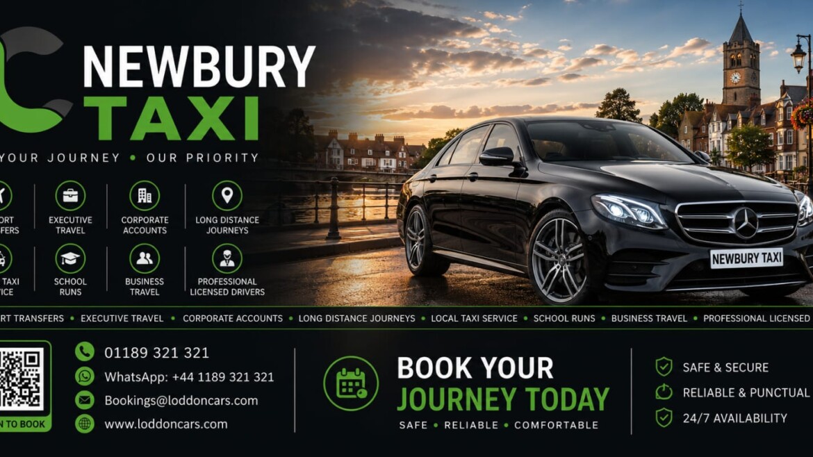 Brand banner for Newbury Taxi showing a black Mercedes car by a riverside town at sunset, with service icons and contact details.