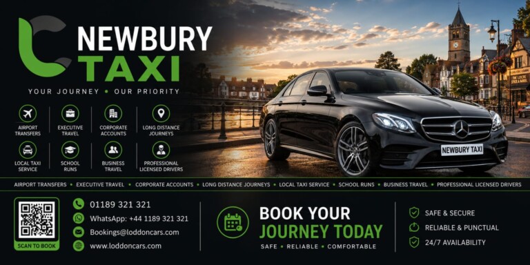 Brand banner for Newbury Taxi showing a black Mercedes car by a riverside town at sunset, with service icons and contact details.