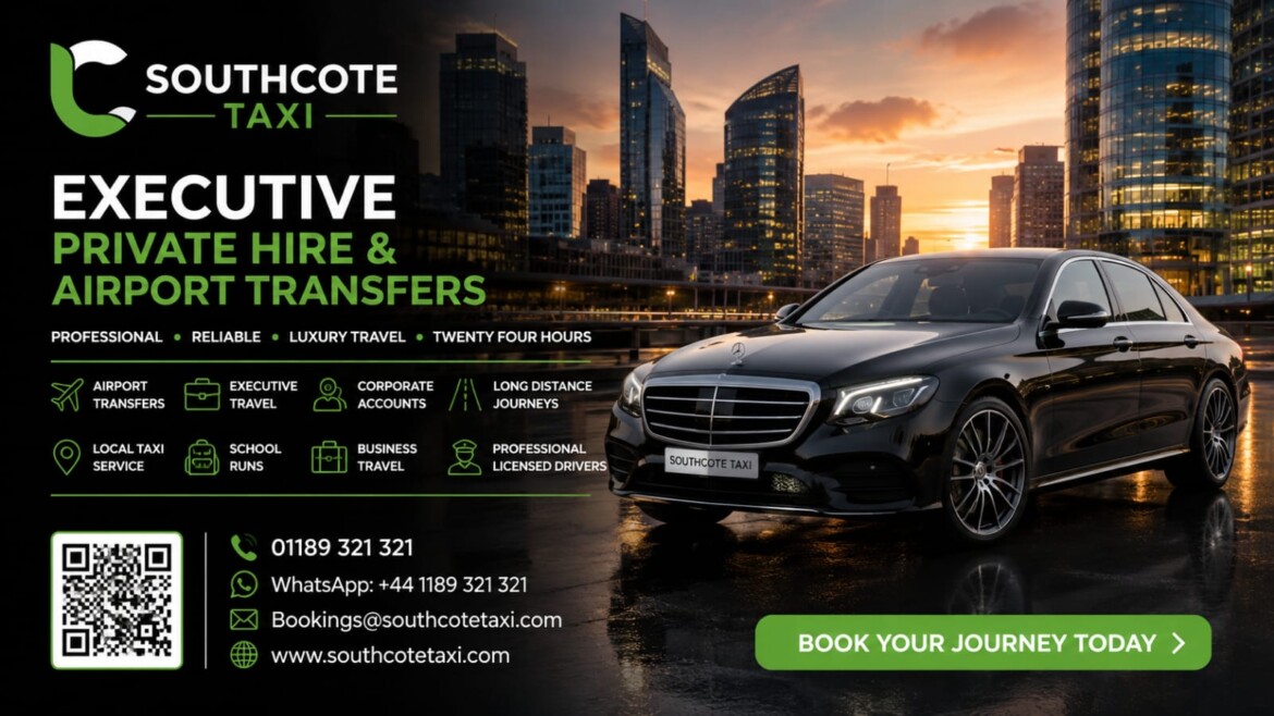 SouthCote Taxi ad: black luxury sedan in front of a city skyline at sunset, with 'Executive Private Hire & Airport Transfers' and a green 'Book Your Journey Today' CTA.
