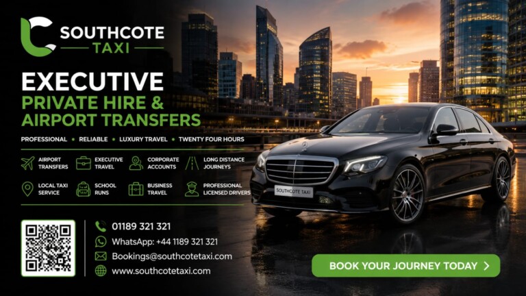 SouthCote Taxi ad: black luxury sedan in front of a city skyline at sunset, with 'Executive Private Hire & Airport Transfers' and a green 'Book Your Journey Today' CTA.