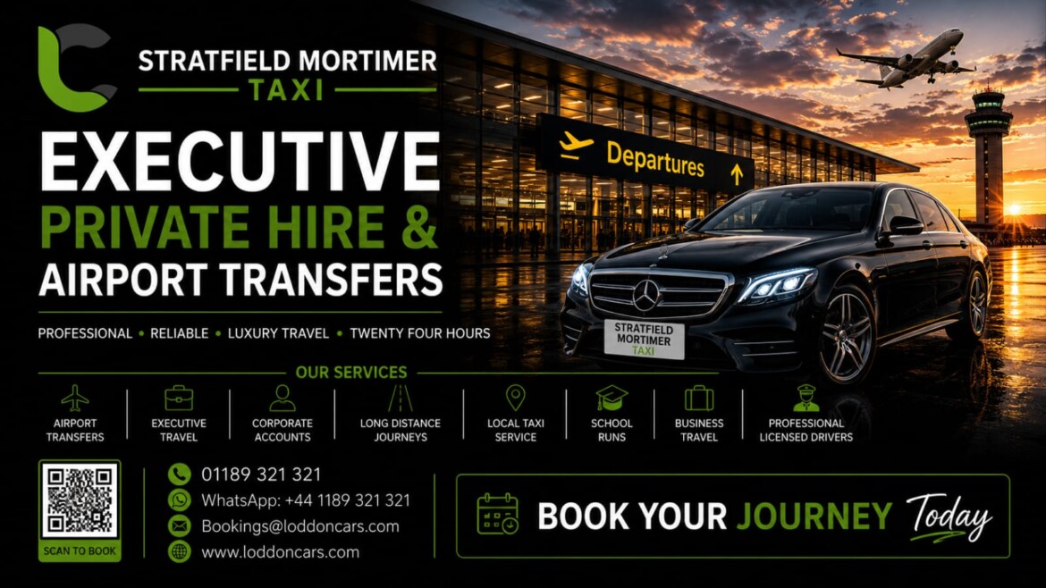Luxury Loddon Cars vehicle in Stratfield Mortimer village with Berkshire countryside background