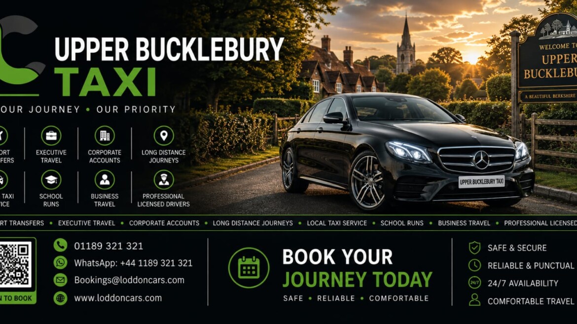 Hero banner for Upper Bucklebury Taxi: a black luxury car parked on a village street at sunset beside a 'Welcome to Upper Bucklebury' sign.
