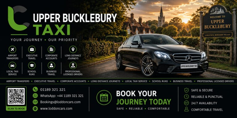 Hero banner for Upper Bucklebury Taxi: a black luxury car parked on a village street at sunset beside a 'Welcome to Upper Bucklebury' sign.